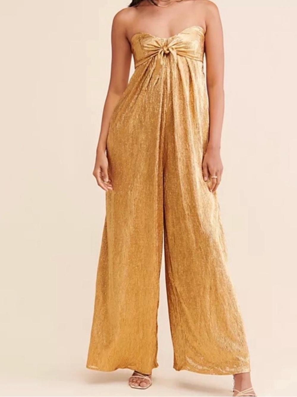 Free People Metallic Gold Strapless Wide-Leg Jumpsuit
